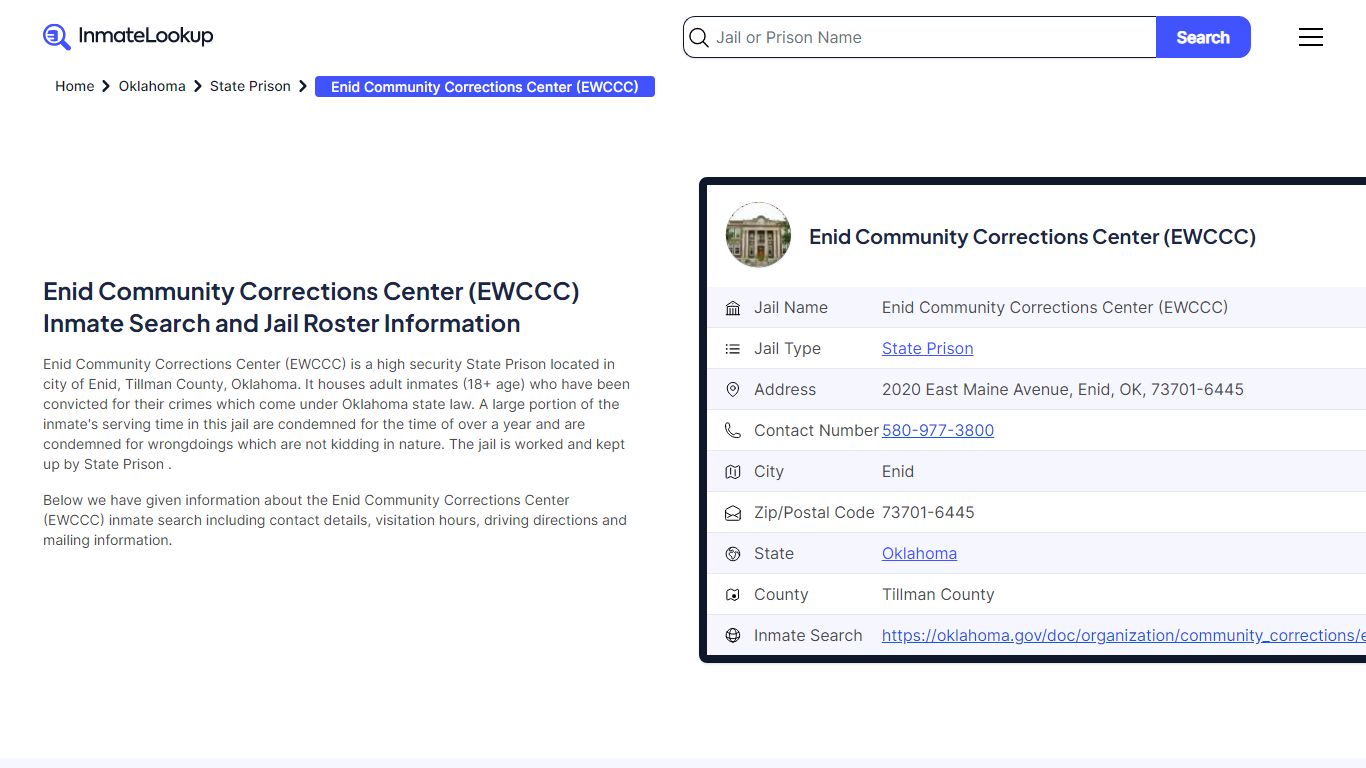 Enid Community Corrections Center (EWCCC) Inmate Search, Jail Roster ...